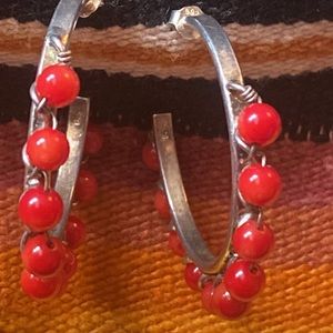 Sterling Silver Coral Beaded Hoop Earrings